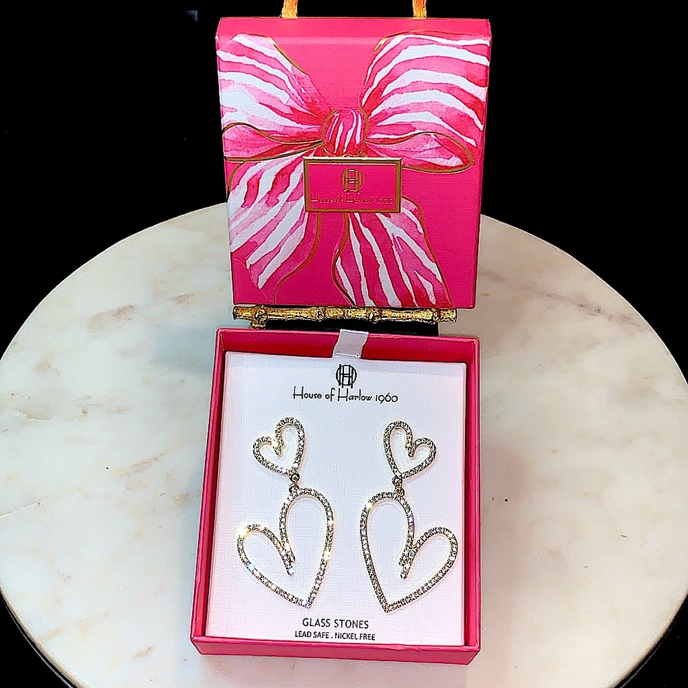 HOUSE OF HARLOW 1960 HEART EARRINGS DANGLE GOLD GLASS STONES PIERCED NEW NIB